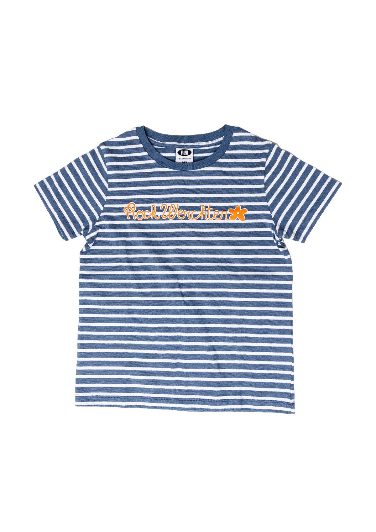 Blue and white striped t-shirt with a logo on a white background
