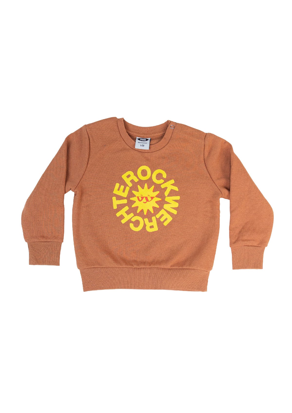 Brown sweatshirt with yellow graphic and text on a white background