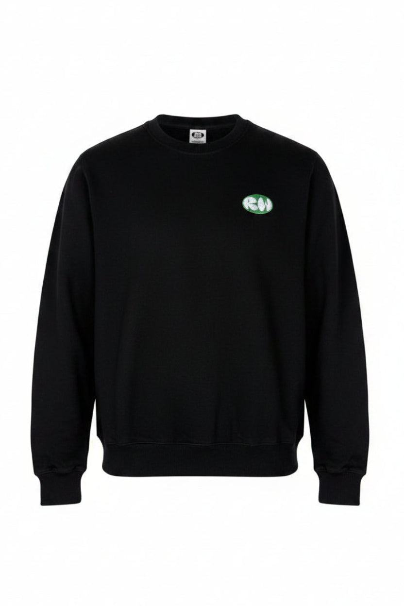 Black sweatshirt with a green logo on a white background