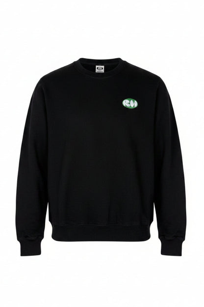 Black sweatshirt with a green logo on a white background