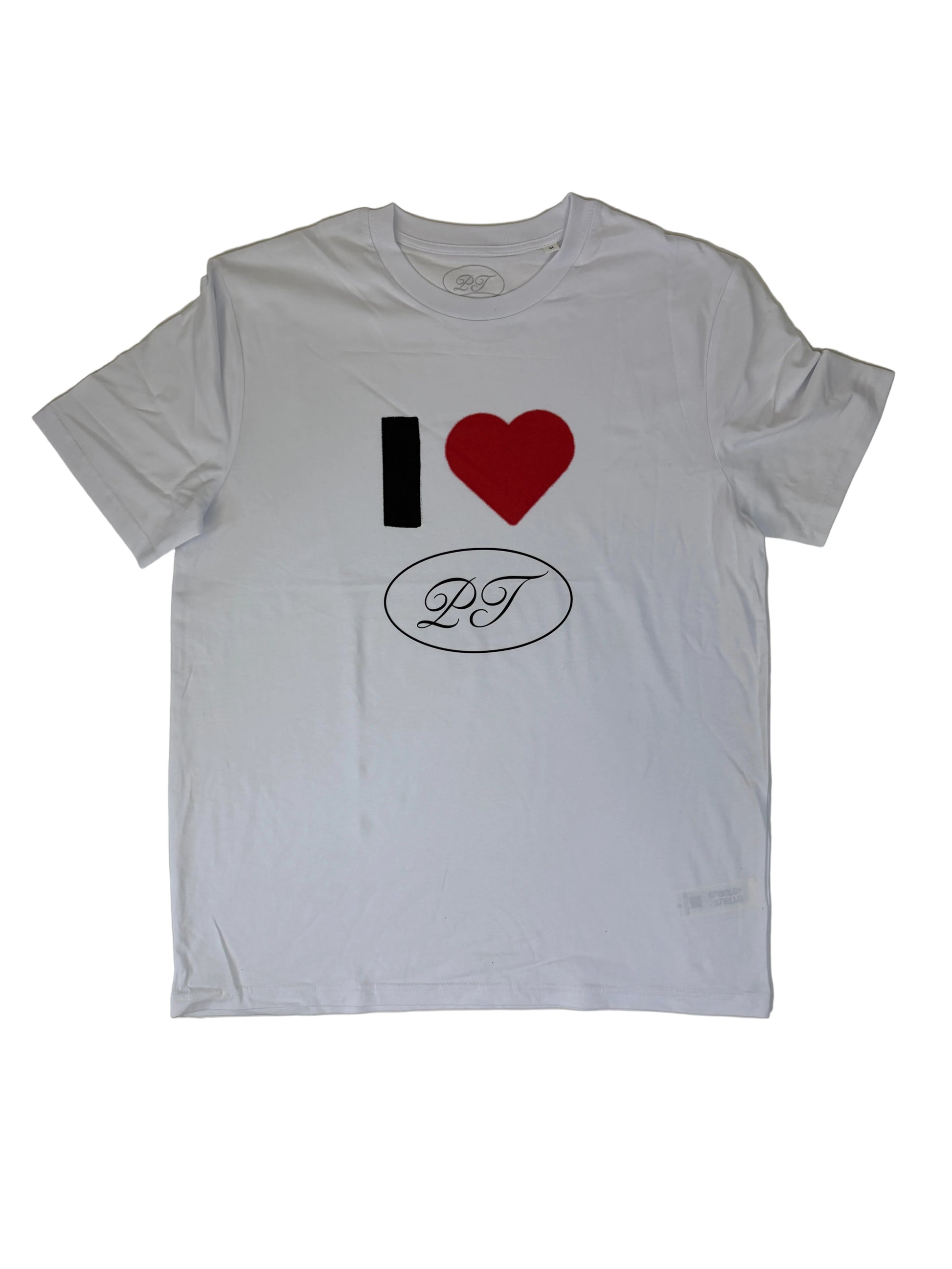 White t-shirt with red heart, black bar, and logo on a light gray background