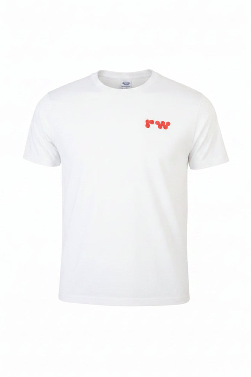 White t-shirt with a red logo on a white background