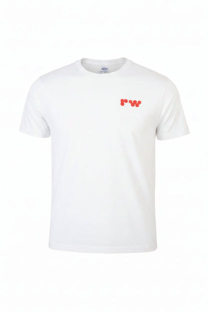 White t-shirt with a red logo on a white background