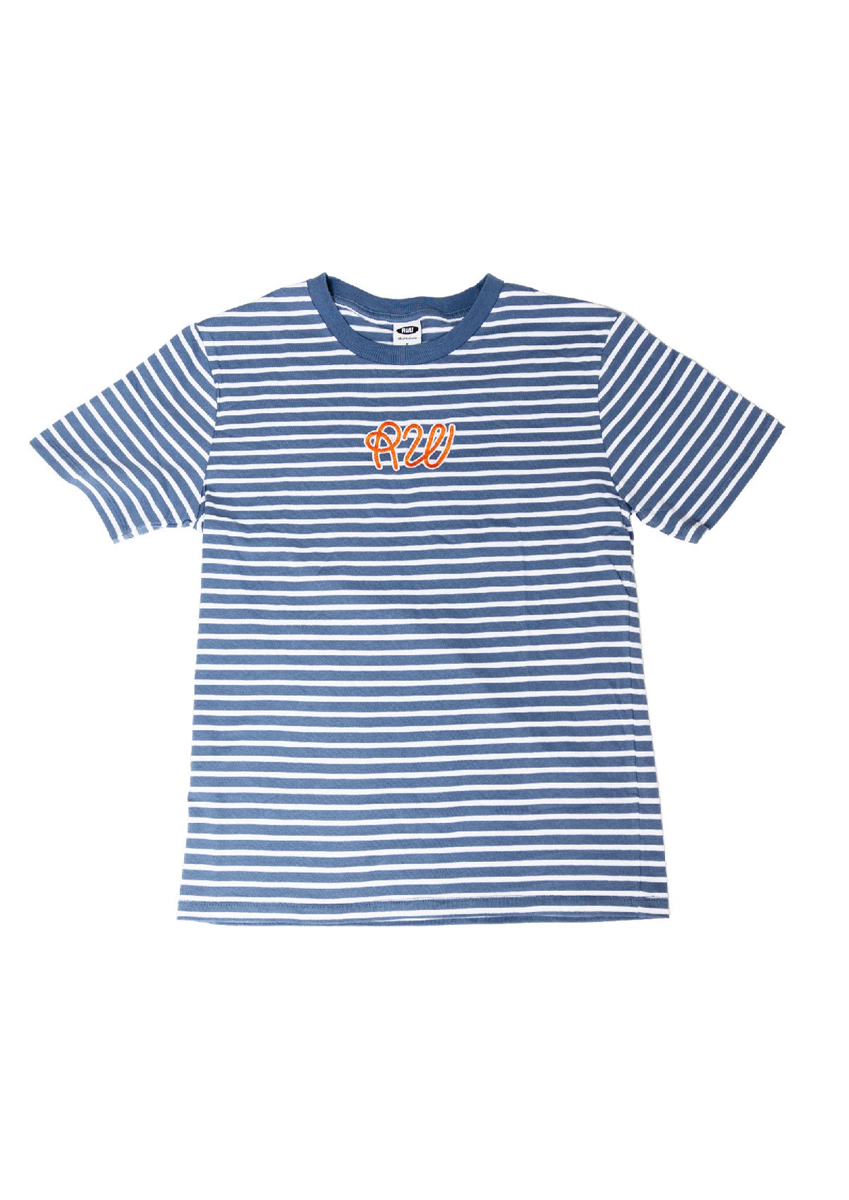 Blue and white striped t-shirt with a logo on a white background