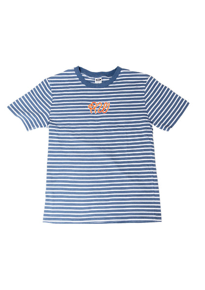 Blue and white striped t-shirt with a logo on a white background