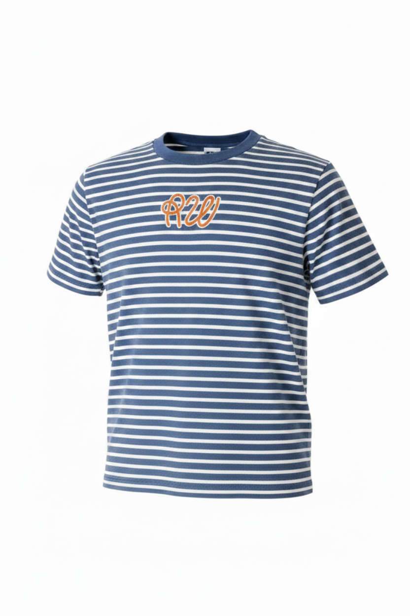Blue and white striped t-shirt with a logo on a white background