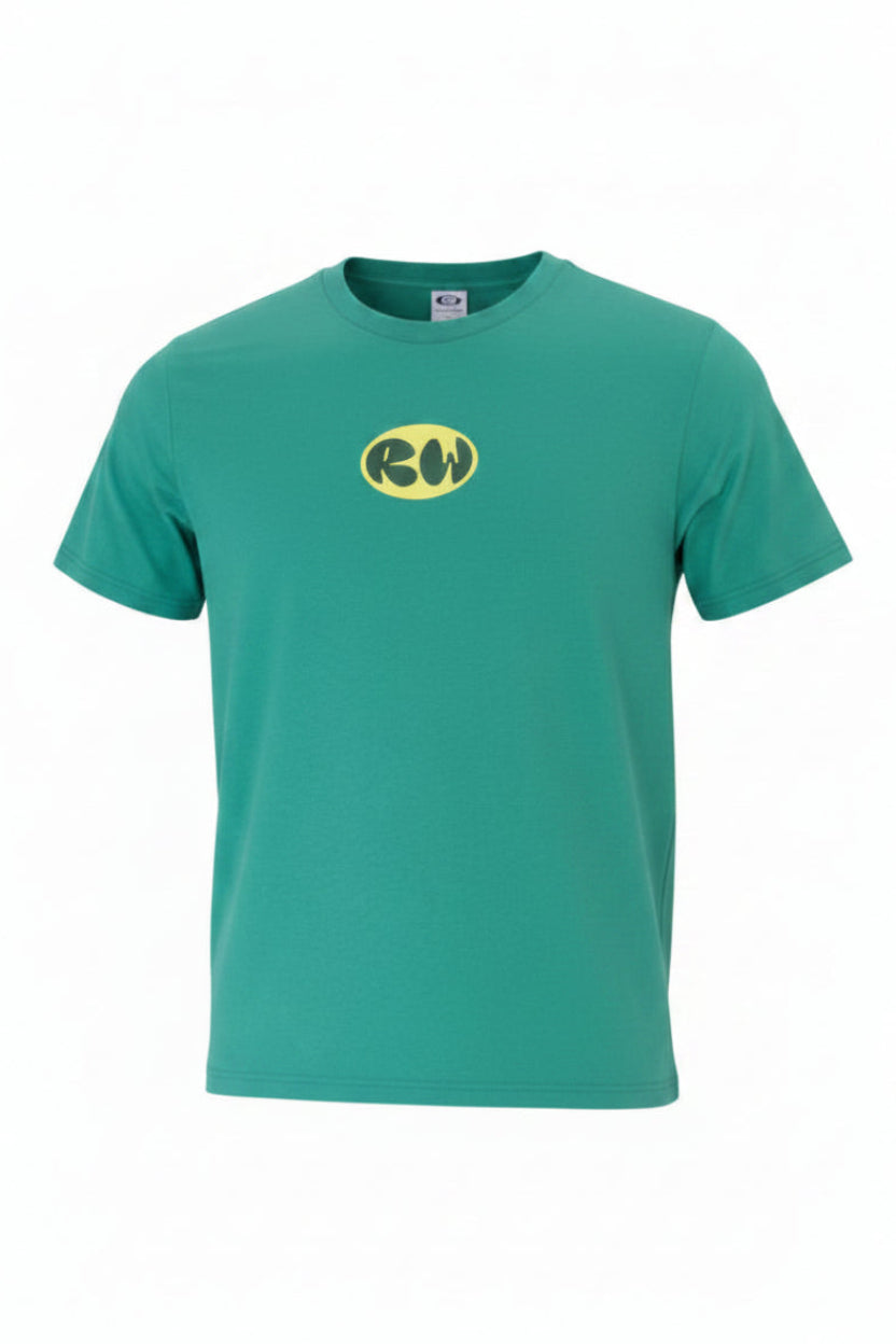 Green t-shirt with a logo on a white background