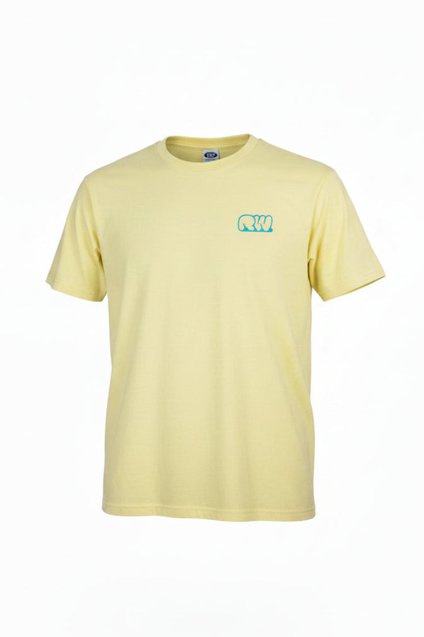 Yellow t-shirt with a small logo on a white background