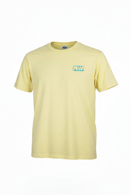 Yellow t-shirt with a small logo on a white background