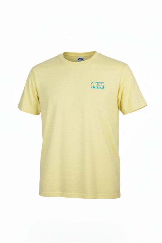 Yellow t-shirt with a small logo on a white background
