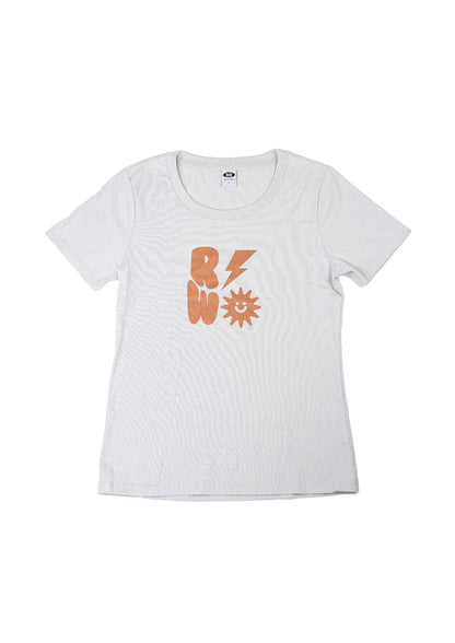 White t-shirt with orange graphic design on a white background