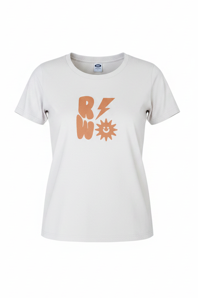 White t-shirt with orange graphic design on a white background