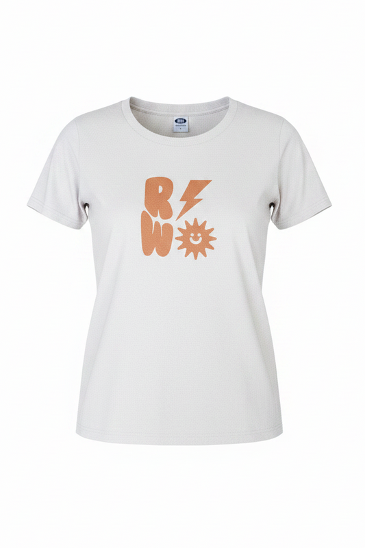 White t-shirt with orange graphic design on a white background