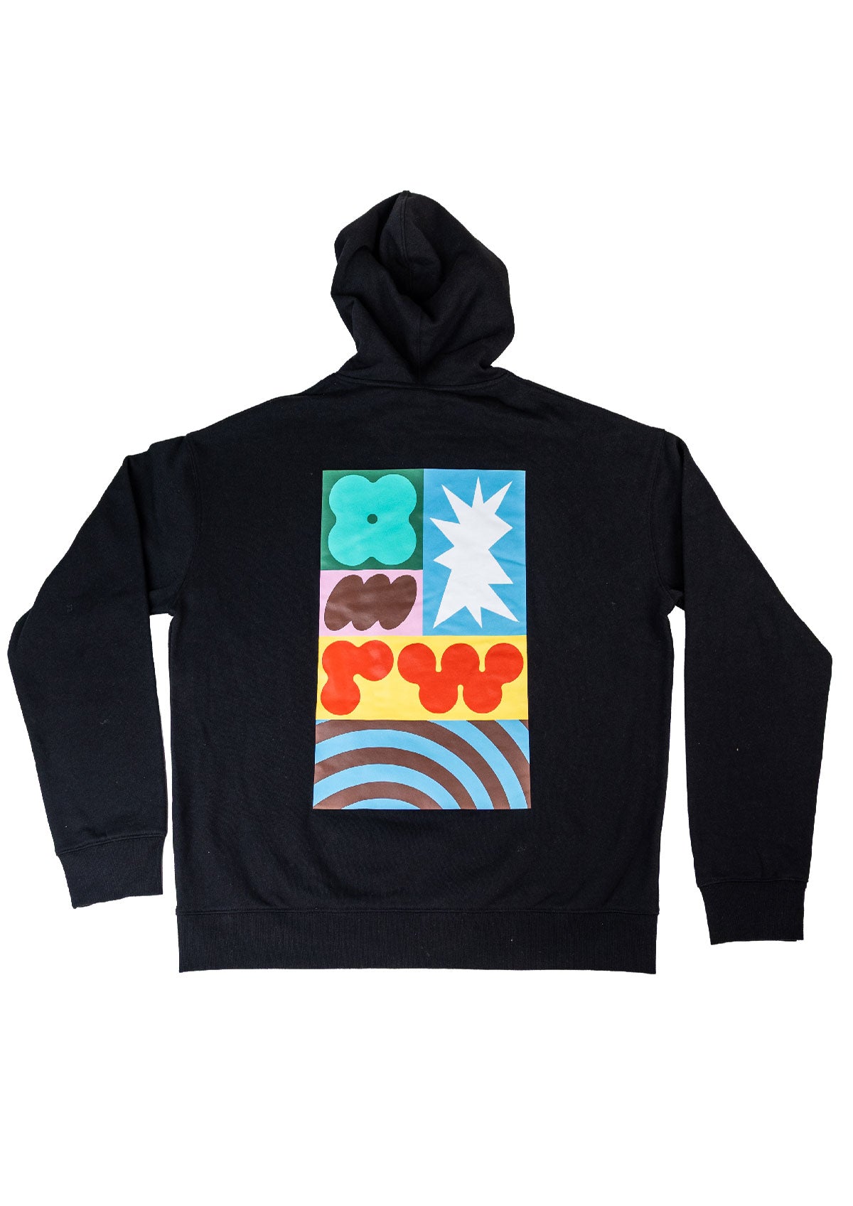 Black hoodie with colorful abstract design on the back against a white background