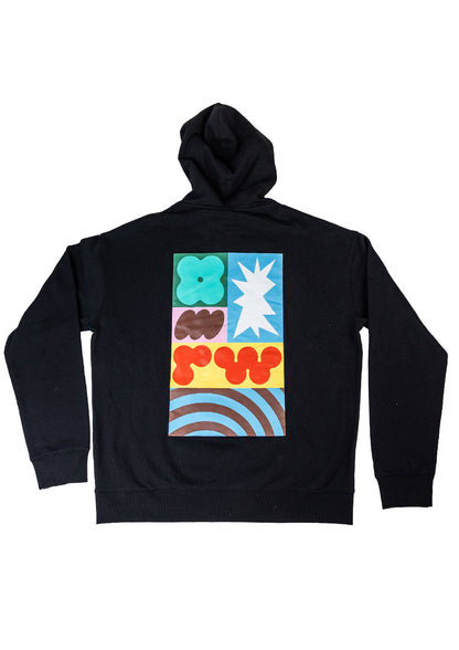 Black hoodie with colorful abstract design on the back against a white background