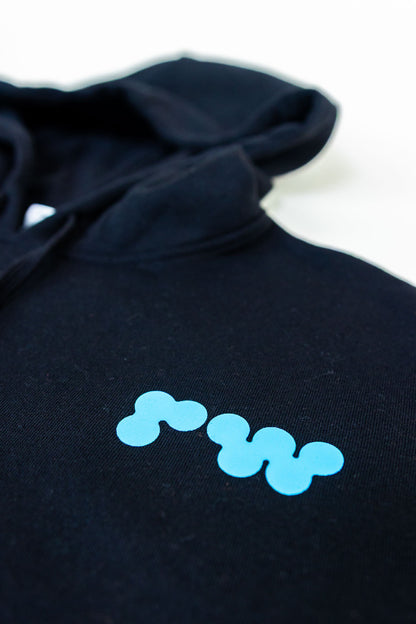 Black hoodie with blue abstract design on a white background