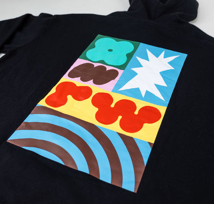 Black hoodie with colorful abstract design on a white background