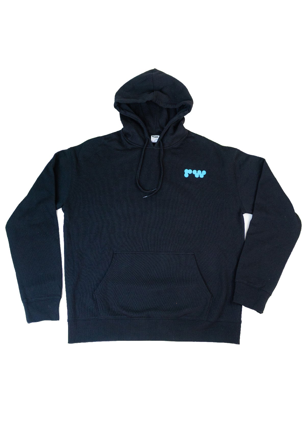 Black hoodie with a small logo on a white background