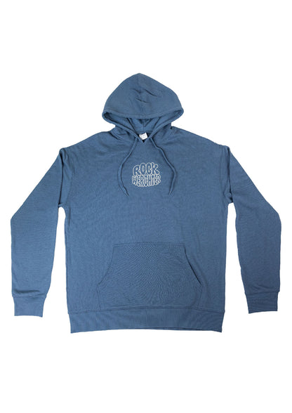Blue hoodie with a logo on a white background