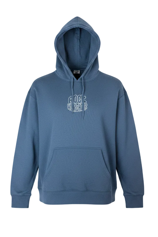 Blue hoodie with text on a white background