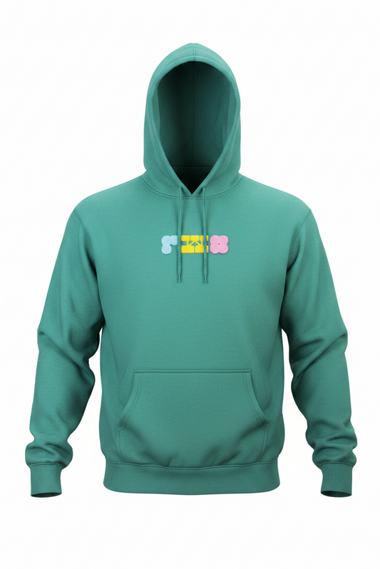 Green hoodie with colorful logo on a white background