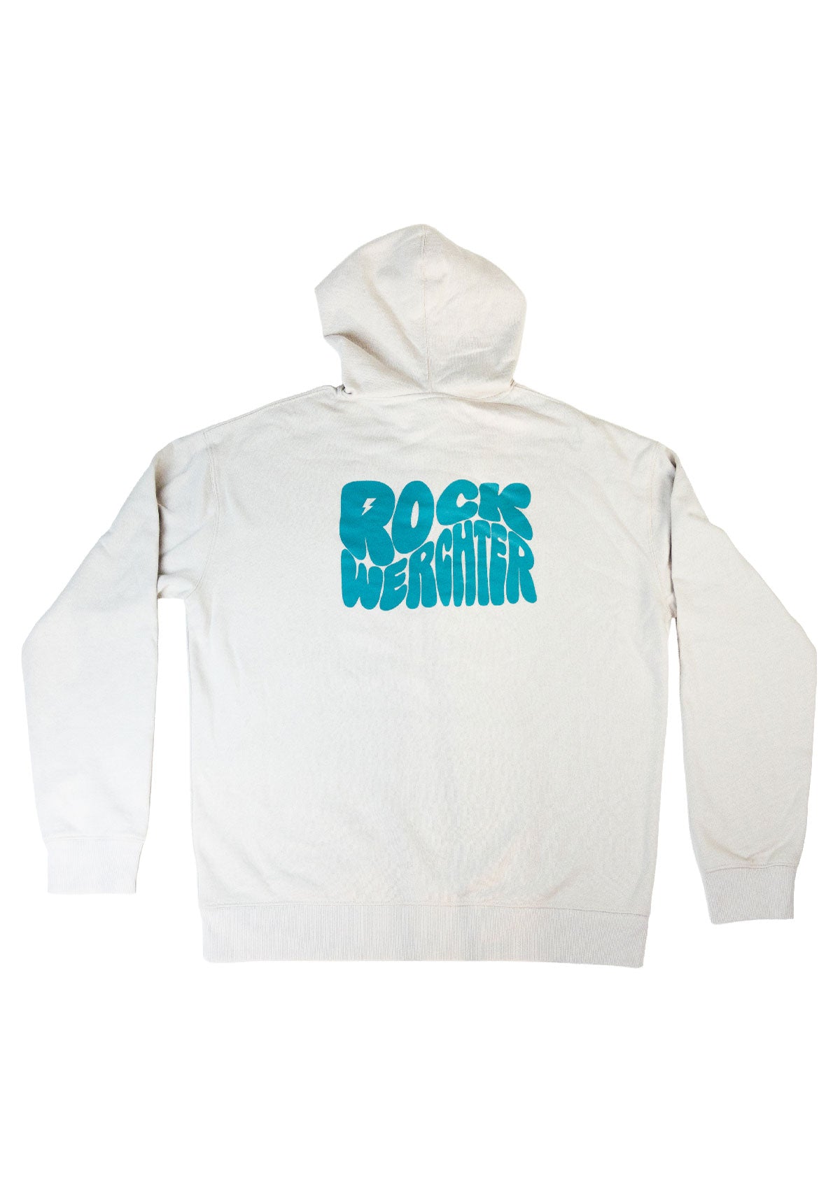 White hoodie with blue text on a white background