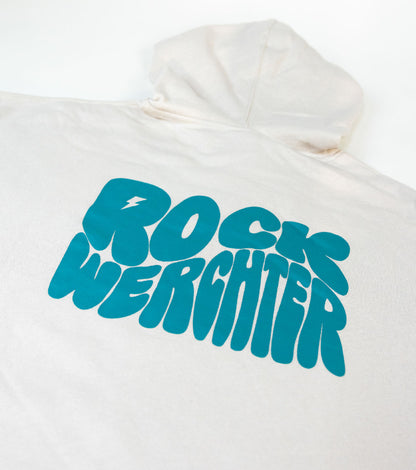 White hoodie with blue 'Rock Weighter' text on a white background