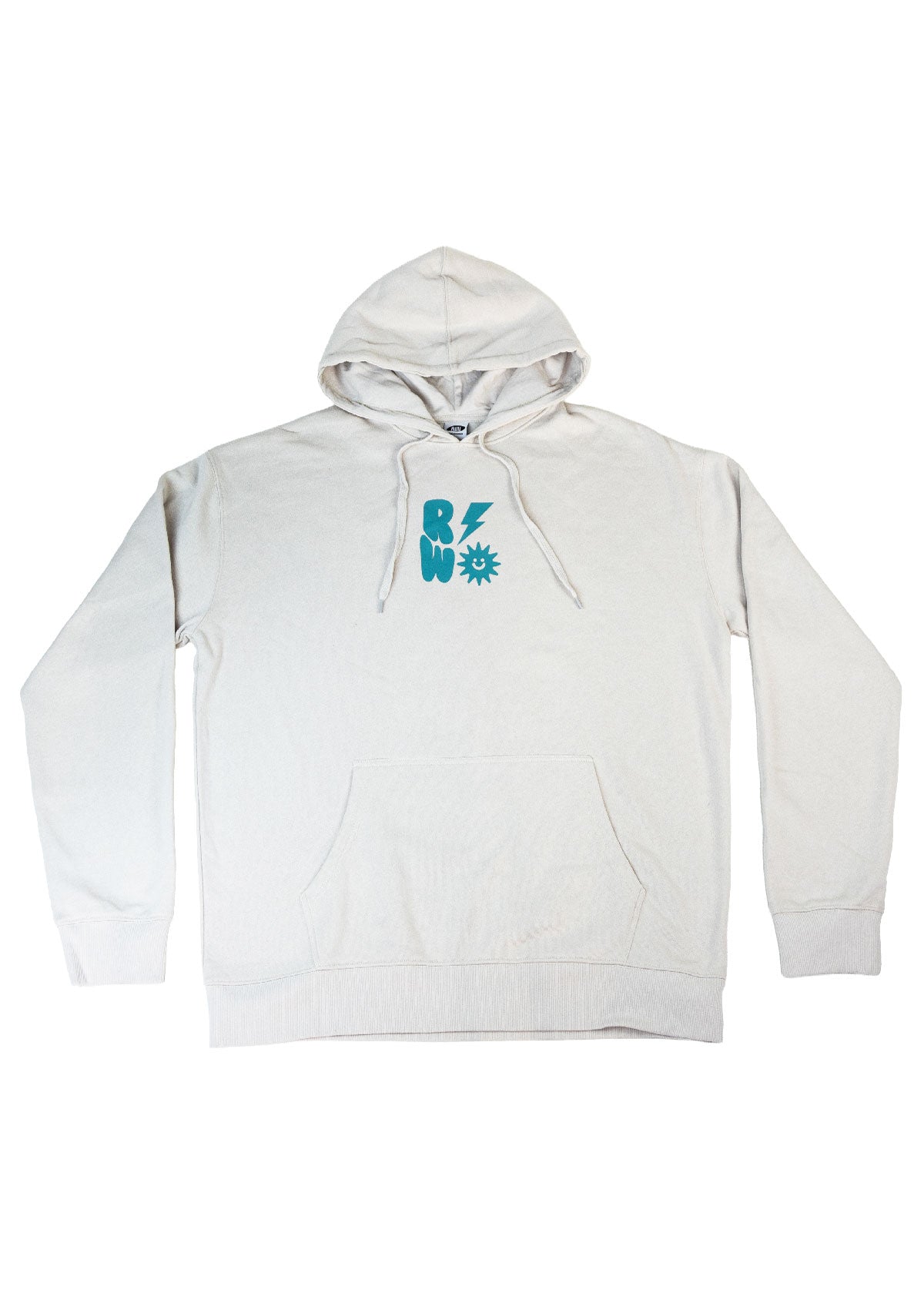 White hoodie with a blue logo on a white background