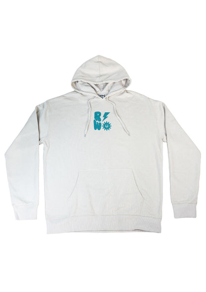 White hoodie with a blue logo on a white background