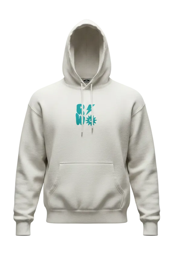 White hoodie with a blue graphic on a white background