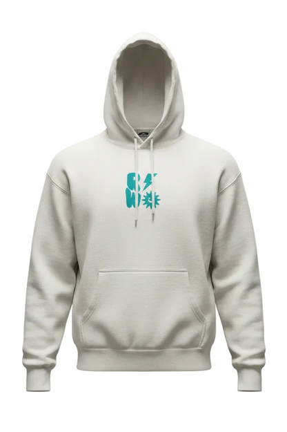 White hoodie with a blue graphic on a white background