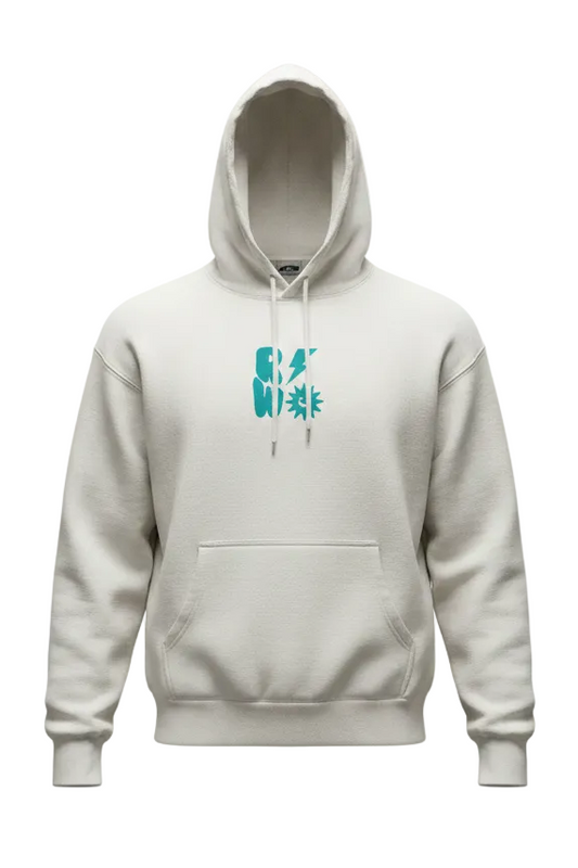 White hoodie with a blue graphic on a white background