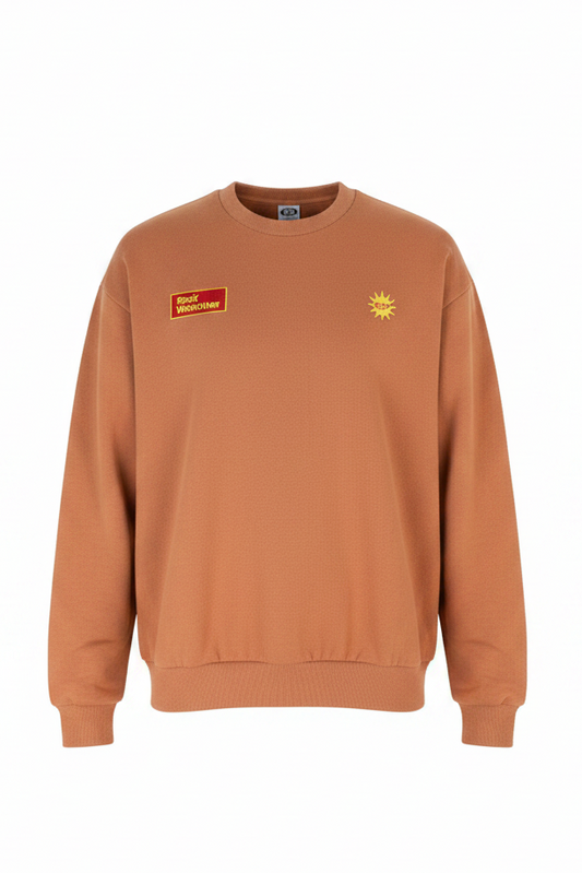 Brown sweatshirt with a red label and yellow emblem on a white background