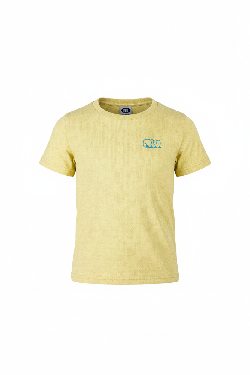 Yellow t-shirt with a logo on a white background