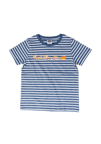 Blue and white striped t-shirt with a logo on a white background