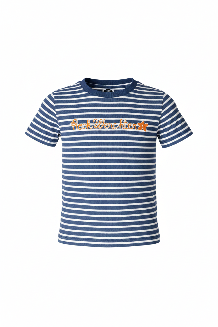 Blue and white striped t-shirt with text on a white background