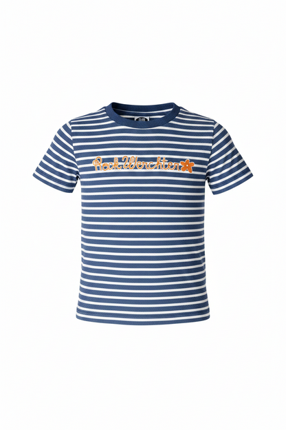 Blue and white striped t-shirt with text on a white background