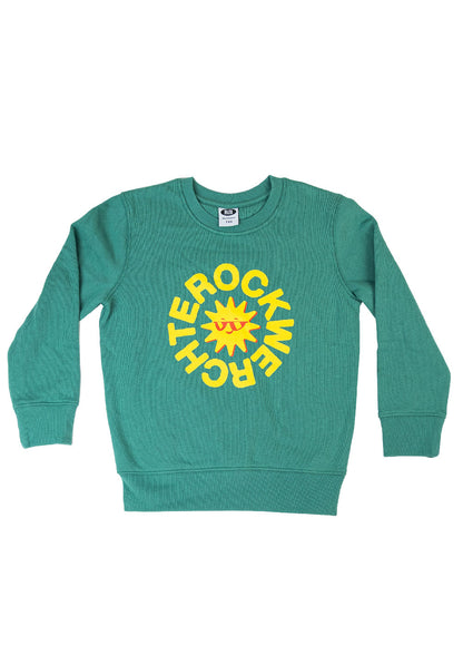 Green sweatshirt with yellow graphic design on a white background