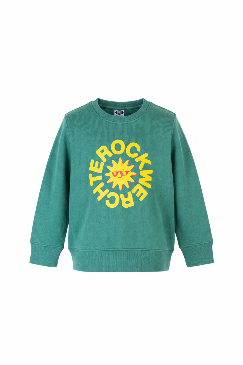 Green sweatshirt with yellow graphic design on a white background