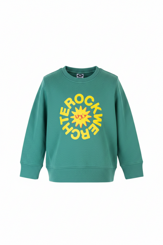 Green sweatshirt with yellow graphic design on a white background