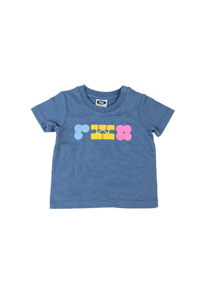 Blue t-shirt with colorful graphic on a white background