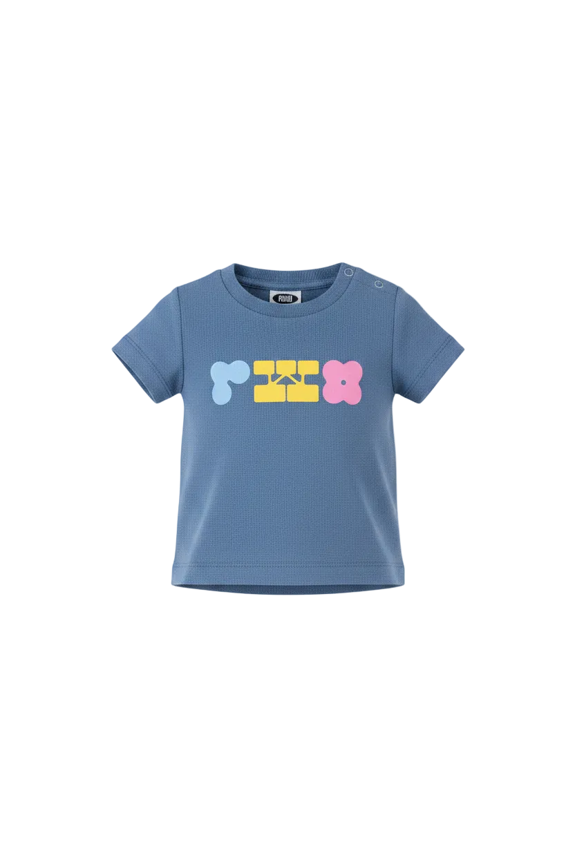 Blue t-shirt with colorful graphic on a white background
