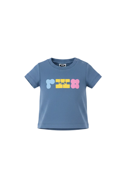 Blue t-shirt with colorful graphic on a white background