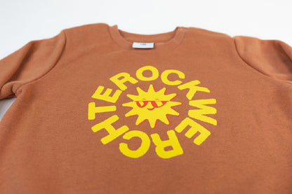 Brown sweatshirt with yellow graphic design on a white background
