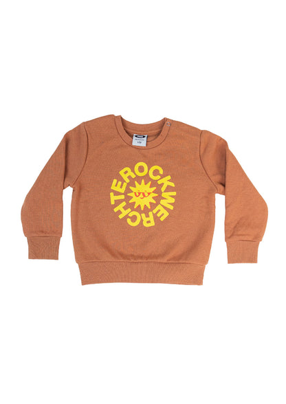 Brown sweatshirt with yellow graphic and text on a white background