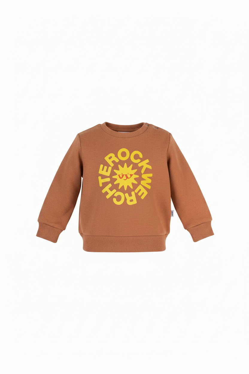 Brown sweatshirt with yellow text and sun graphic on a white background