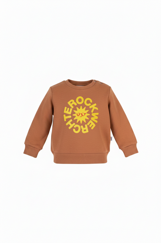 Brown sweatshirt with yellow text and sun graphic on a white background