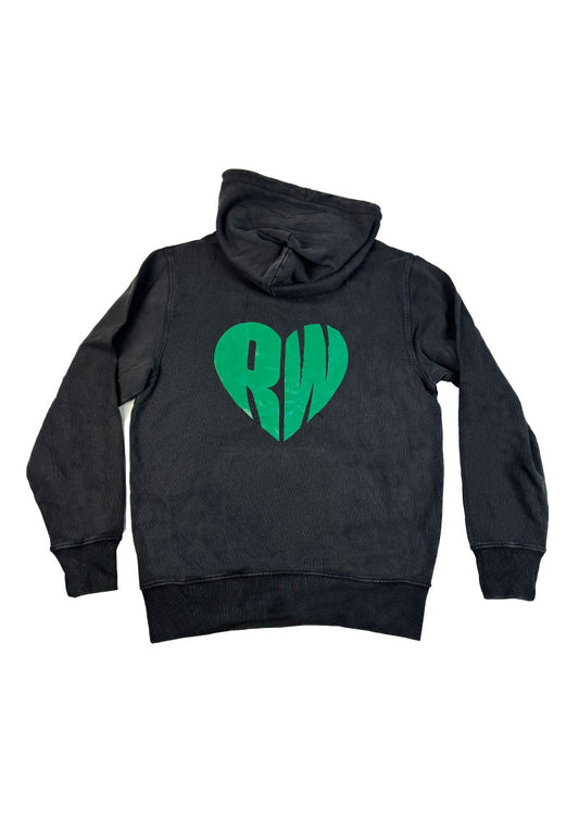 Black hoodie with green heart-shaped logo on a white background