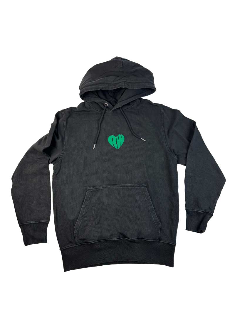 Black hoodie with a green heart logo on a white background