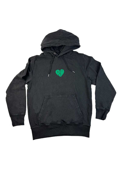 Black hoodie with a green heart logo on a white background